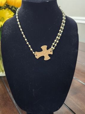 Gold Cross Pearl-Accented Necklace - Women's Jewelry